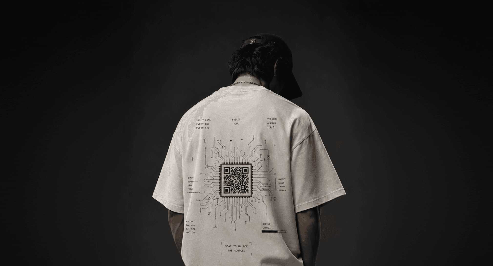 Model wearing Bacstory QR T-Shirt